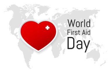 World First Aid Day. Vector illustration with world map on background