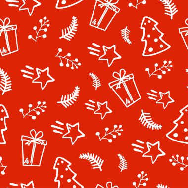 El çizilmiş noel sorunsuz desen. Noel ağaçları, yıldızlar, sarma için hediyeler vektör illüstrasyon, kumaş, baskı