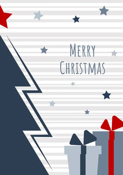 Tarjeta de felicitación de diseño de Navidad o Año Nuevo con árbol de Navidad, regalos y nieve, ilustración sobre un fondo rayado — Vector de stock