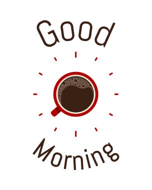 Bir fincan kahve ve günaydın mesajı yla saat. Vektör İllüstrasyonu