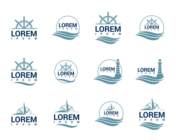 Set de logo marino con ancla, faro y brújula. Ilustración vectorial — Archivo Imágenes Vectoriales