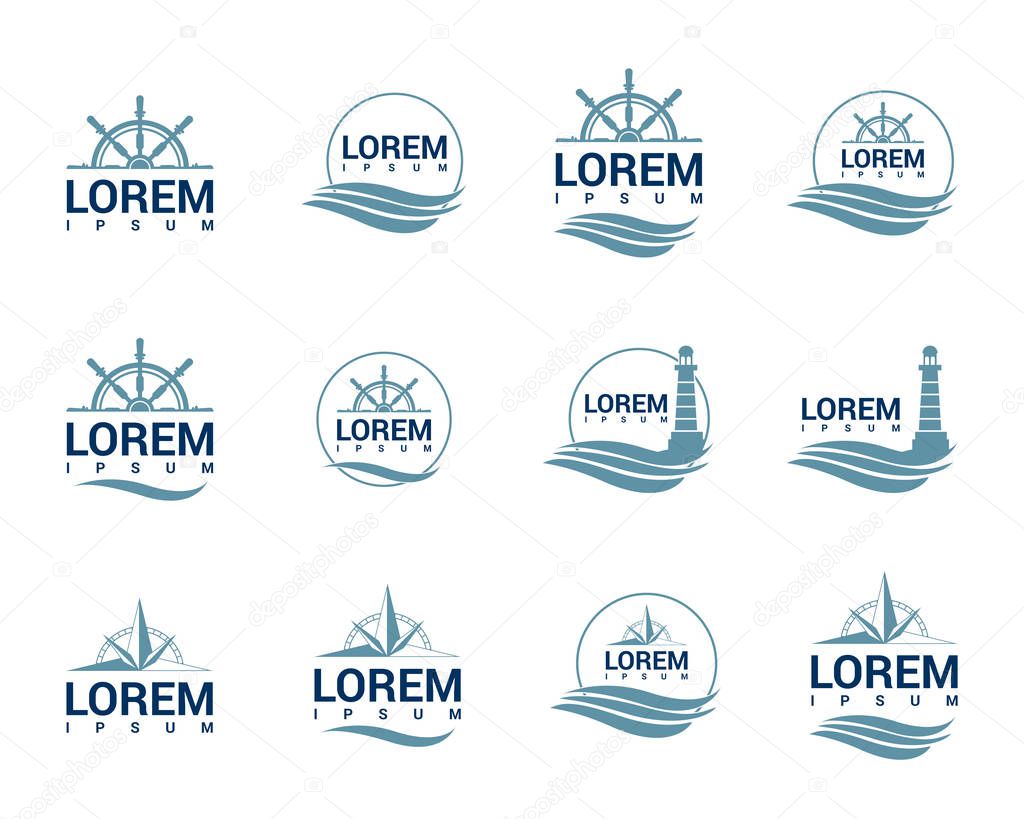 Set of sea vector logo with anchor, beacon and compass