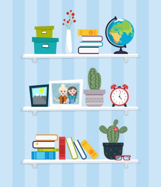 Shelves with colorful books, photo frames, cactuses, boxes and globe in flat design style