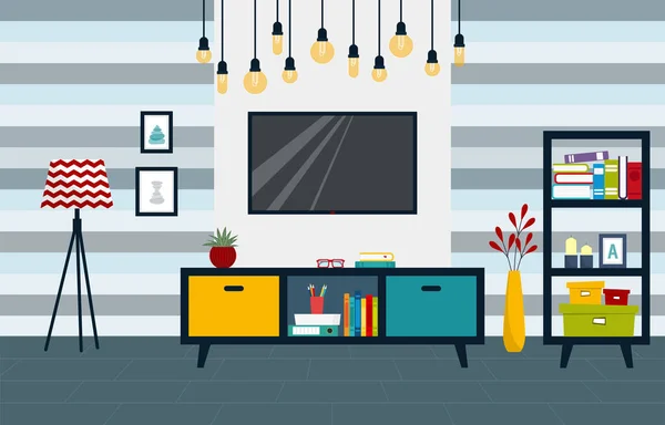 Woonkamer met tv en meubels - Tv standaard, planken, vaas en lamp. Platte stijl illustratie — Stockvector