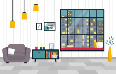 Oturma odasının içi mobilya ve dekorasyon aksesuarlarıyla dolu. Yastıklı büyük bir pencere.