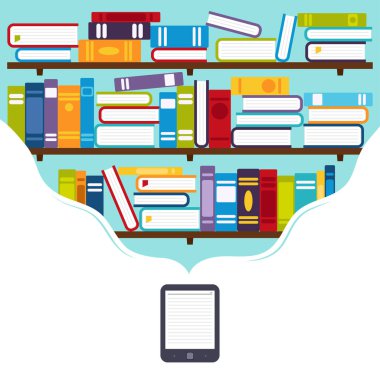 İçinde kütüphane olan elektronik kitap. Bir elektronik kitapta bir sürü kitap var.