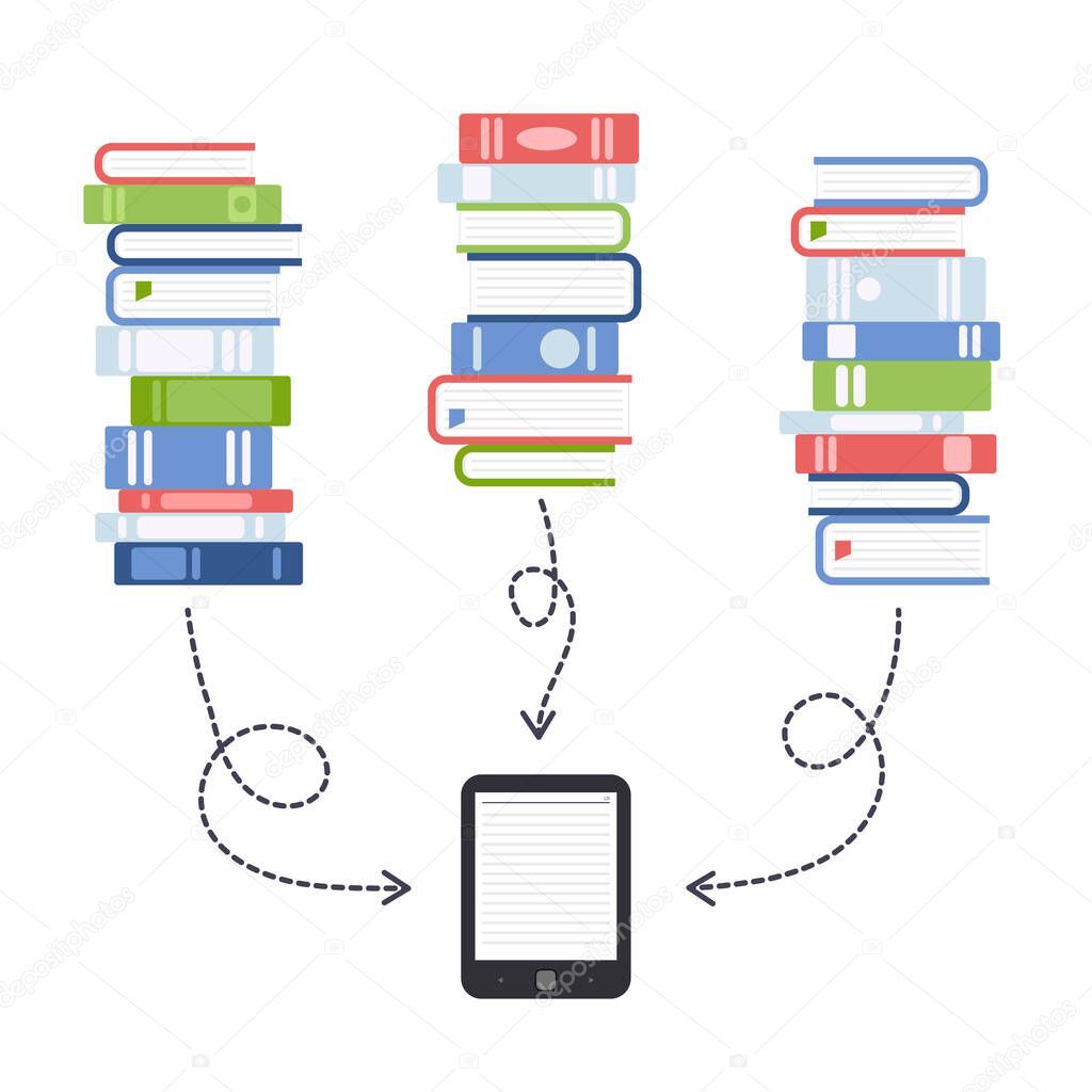 Download books to e-book. A lot of books in one electronic book. Vector cartoon illustration