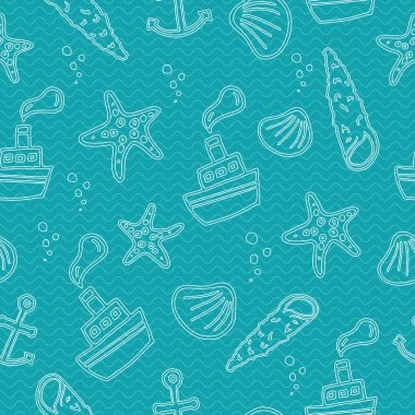 Gemiler, çapalar ve mermiler. Denizin pürüzsüz deseni. Tekstil tasarımı ya da çocuk kıyafetleri tasarımı için.