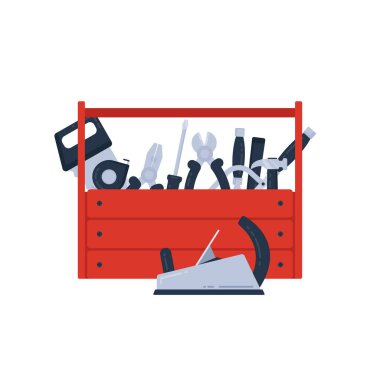 İçinde enstrümanlar ve el aletleri olan kırmızı araç kutusu