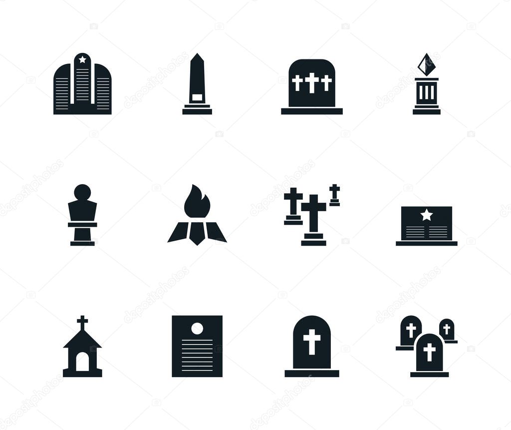 Cemetery icons set. Vector black funeral icons. Flat illustration