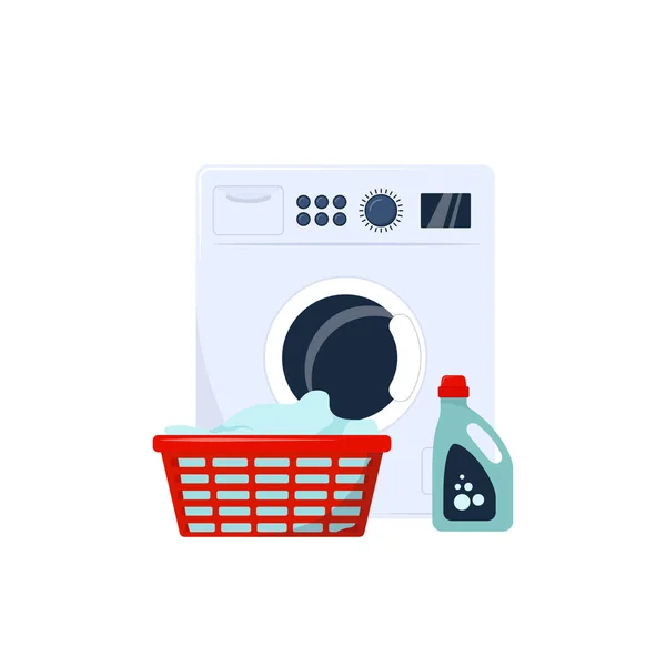 Máquina de lavar com pó e cesta de roupa. Ilustração vetorial moderna em estilo plano — Vetor de Stock