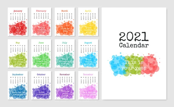 Calendar 2021 with quotes. Motivational and inspirational phrases on color background — Stock Vector