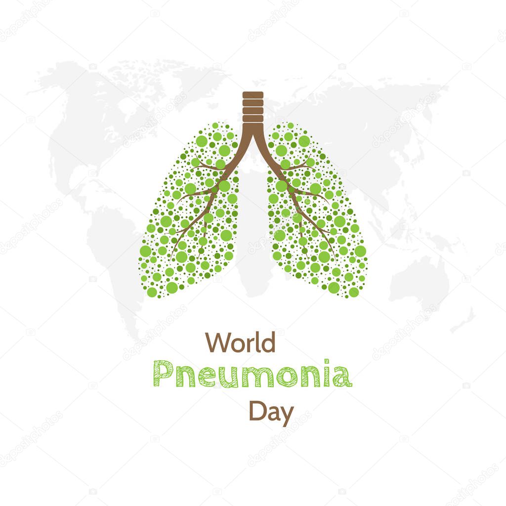 World Pneumonia Day. November 12. Poster or banner with lungs and world map background. Vector Illustration
