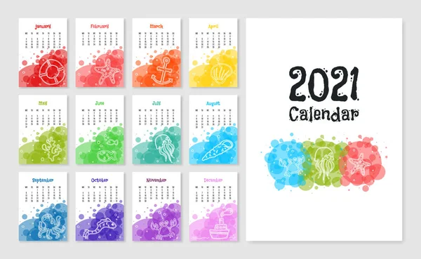 Månedskalender 2021. Søt, utskriftsvennlig, kreativ mal med havdyr – stockvektor