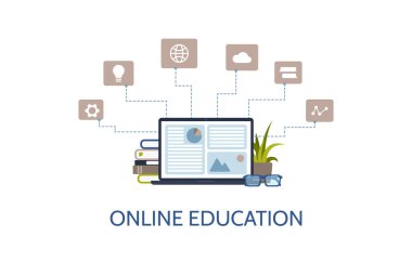 E-öğrenme ve çevrimiçi eğitim afişi konsepti, uzaktan öğrenme. Vektör illüstrasyonu
