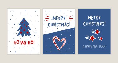 Mutlu Noeller tebrik kartı seti. Xmas çam ağacı, şekerler ve yıldız çizimleri