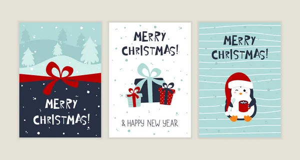 Conjunto Tarjetas Felicitación Feliz Navidad Feliz Año Nuevo Divertida Postal — Vector de stock