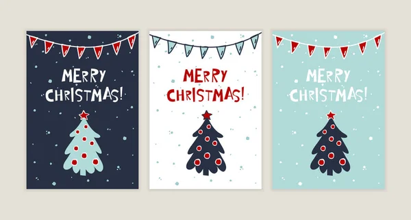 Joyeux Noël Jeu Cartes Voeux Illustration Vectorielle Pin Noël Guirlande — Image vectorielle