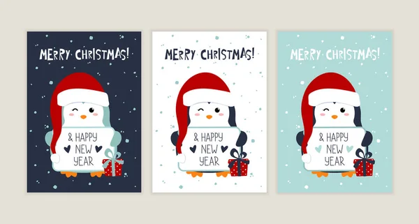 かわいいペンギン ギフト 手描きのレタリングで設定されたメリークリスマスとハッピーニューイヤーグリーティングカード — ストックベクタ