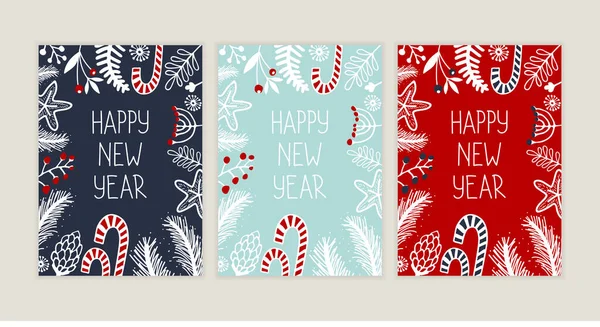 Feliz Año Nuevo Conjunto Tarjetas Felicitación Bonita Postal Festiva Con — Vector de stock