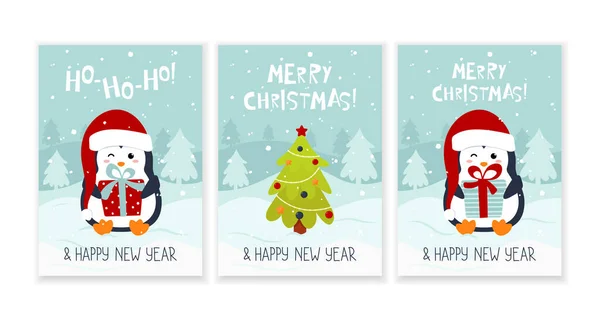 Feliz Navidad Feliz Año Nuevo Conjunto Tarjetas Felicitación Pino Pingüino — Vector de stock