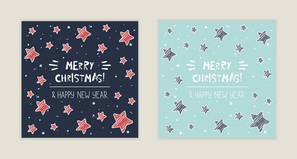 Tarjetas de felicitación Winter Holidays con estrellas y letras dibujadas a mano — Vector de stock