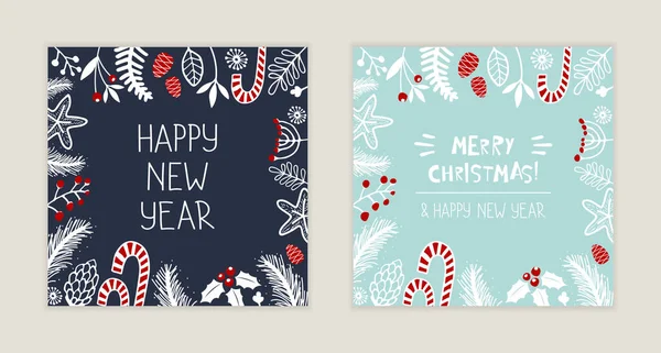 Bonita postal festiva con adorno de Navidad y letras dibujadas a mano. Tarjetas de felicitación Winter Holidays — Vector de stock