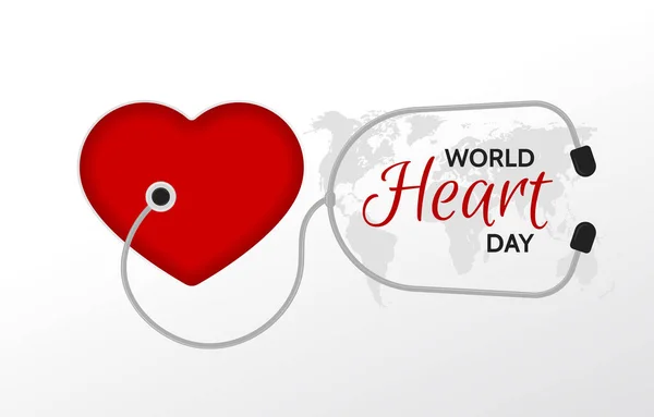 Bandera del Día Mundial del Corazón. Ilustración del corazón humano rojo estilizado con estetoscopio — Vector de stock