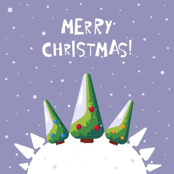 Linda ilustración de pino de Navidad de dibujos animados. Feliz tarjeta de felicitación de Navidad — Vector de stock