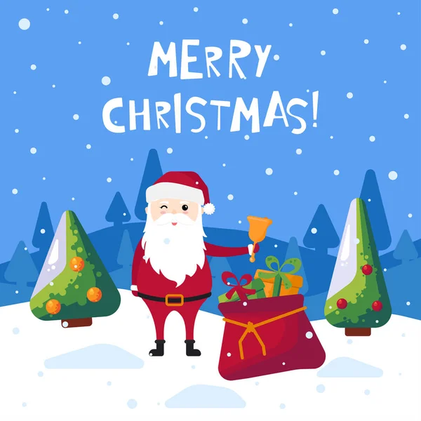 Feliz tarjeta de felicitación de Navidad. Linda caricatura Santa Claus con pino de Navidad y regalo — Vector de stock