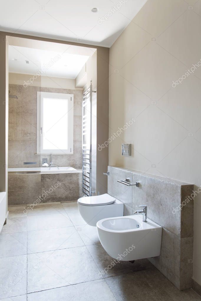 Modern bathroom with double sink. Bathroom sanitary ware suspended