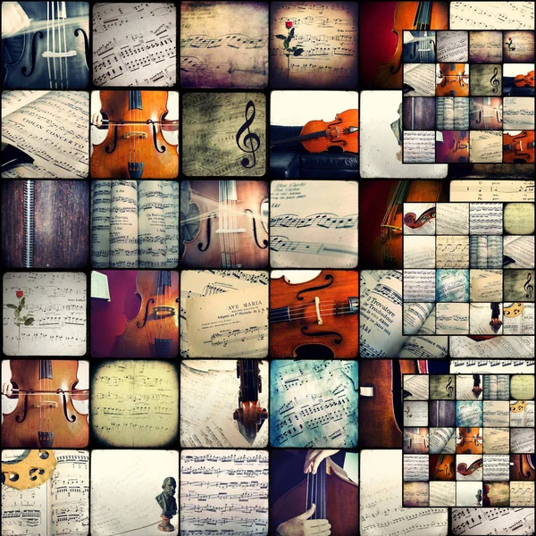 Collage di fotografie raffiguranti spartiti musicali — Foto Stock