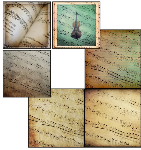 Collage of photographs depicting musical scores