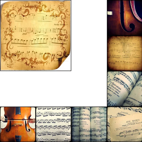 Collage of photographs depicting musical scores — Stock Photo, Image