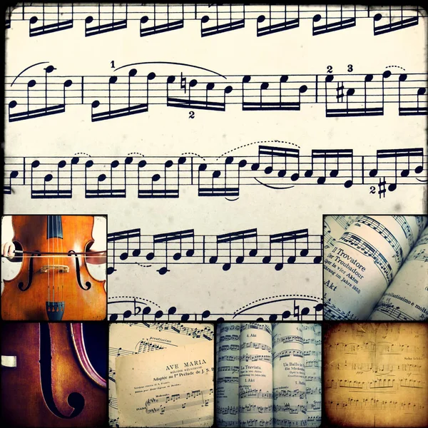 Colagem de fotografias representando partituras musicais — Fotografia de Stock