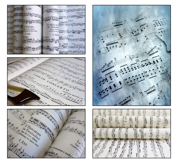 Collage di fotografie raffiguranti spartiti musicali — Foto Stock