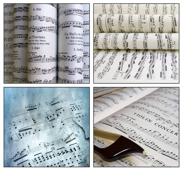 Collage of photographs depicting musical scores — Stock Photo, Image