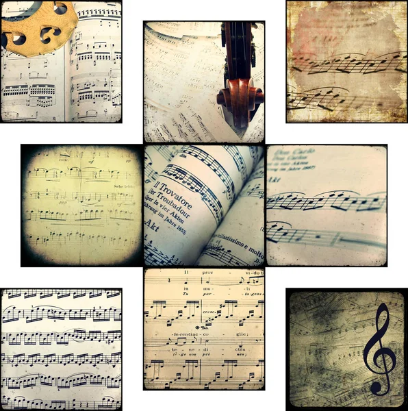 Collage of photographs depicting musical scores — Stock Photo, Image