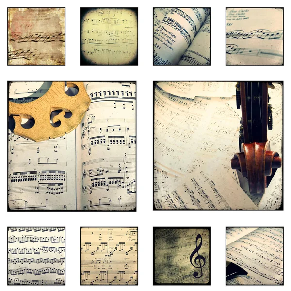 Collage of photographs depicting musical scores