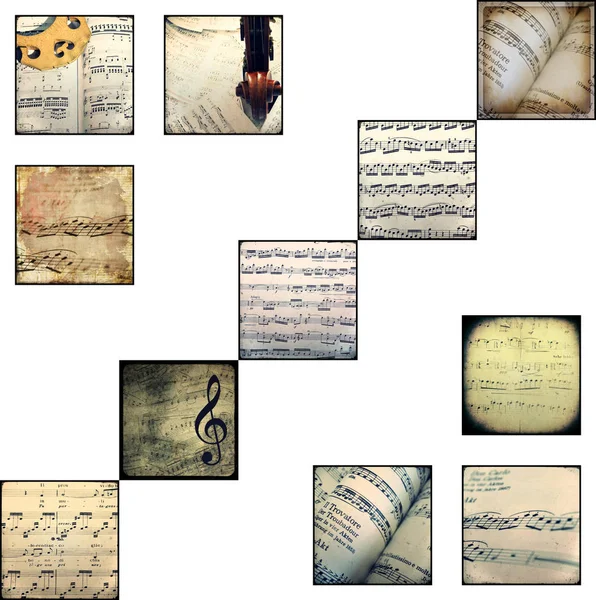 Collage de fotografías que representan partituras musicales — Foto de Stock