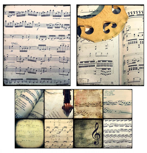 Collage of photographs depicting musical scores — Stock Photo, Image