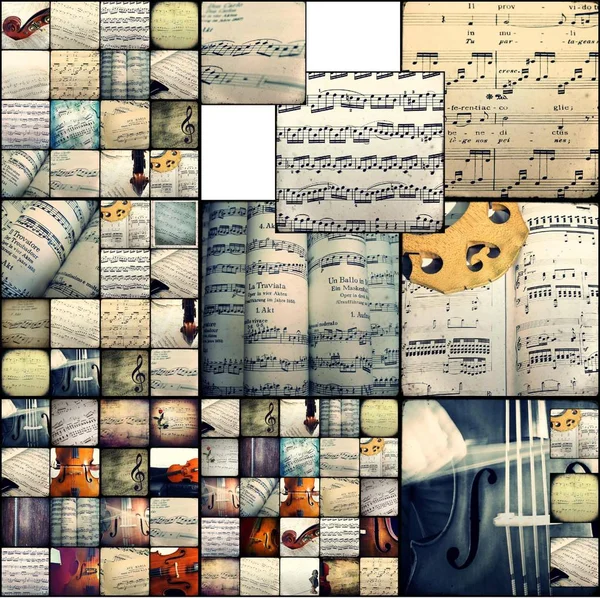 Collage of photographs depicting musical scores — Stock Photo, Image