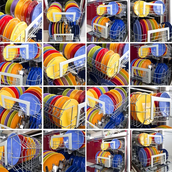Collage de fotografías de un lavavajillas completo con platos —  Fotos de Stock