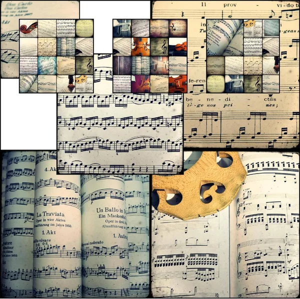 Collage de fotografías que representan partituras musicales — Foto de Stock