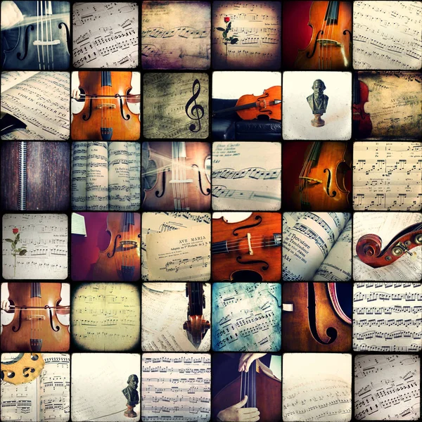 Colagem de fotografias representando partituras musicais — Fotografia de Stock
