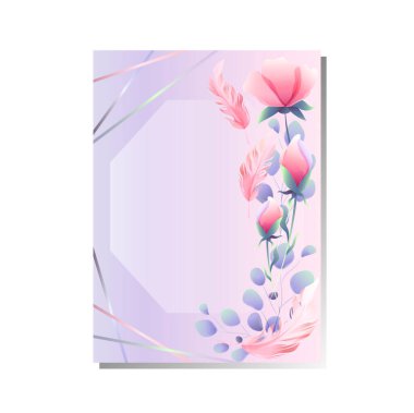 Suluboya tarzında pembe çiçekler, yapraklar ve kuş tüyleri. Eski bir tebrik kartı, düğün davetiyesi, çiçekli etiketler ve altın çerçeveli. Vektör illüstrasyonu.