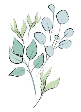 Çiçekler ve yapraklar. Hassas çiçek deseni. Suluboya arka planda çizgi çizimi. Çizim, taslak, mürekkep, serbest çizim, grafikler. Beyaz arkaplanda izole edilmiş vektör illüstrasyonu.