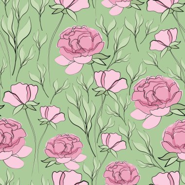 Çiçekler ve yapraklar. Hassas, çiçekli, pürüzsüz desen. Suluboya arka planda çizgi çizimi. Çizim, taslak, mürekkep, serbest çizim, grafikler. Yeşil arkaplanda izole edilmiş vektör illüstrasyonu.