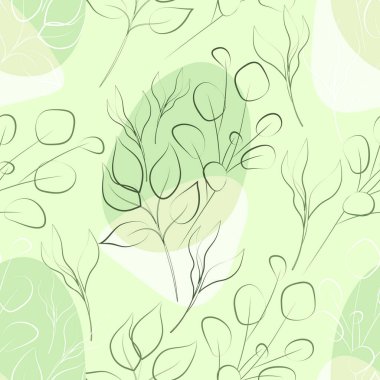 Çiçekler ve yapraklar. Çiçeksiz desen. Suluboya lekelerinin arka planına çizgiler çiziyorum. Çizim, taslak, mürekkep, serbest çizim, grafikler. Yeşil arkaplanda izole edilmiş vektör illüstrasyonu. 