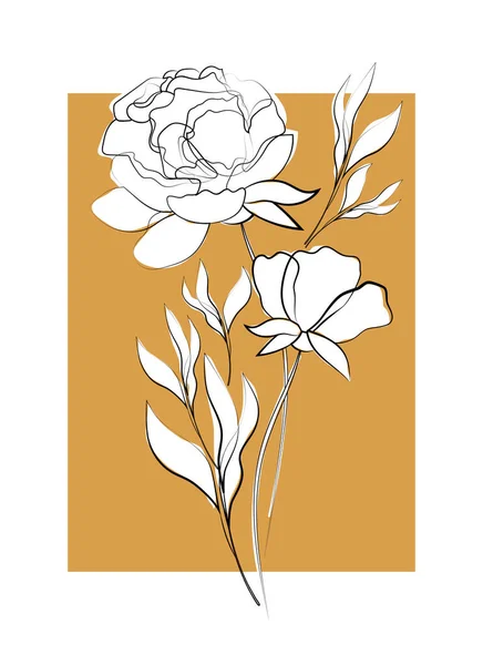 Flores Hojas Delicado Estampado Floral Estilo Retro Arte Línea Boceto — Vector de stock